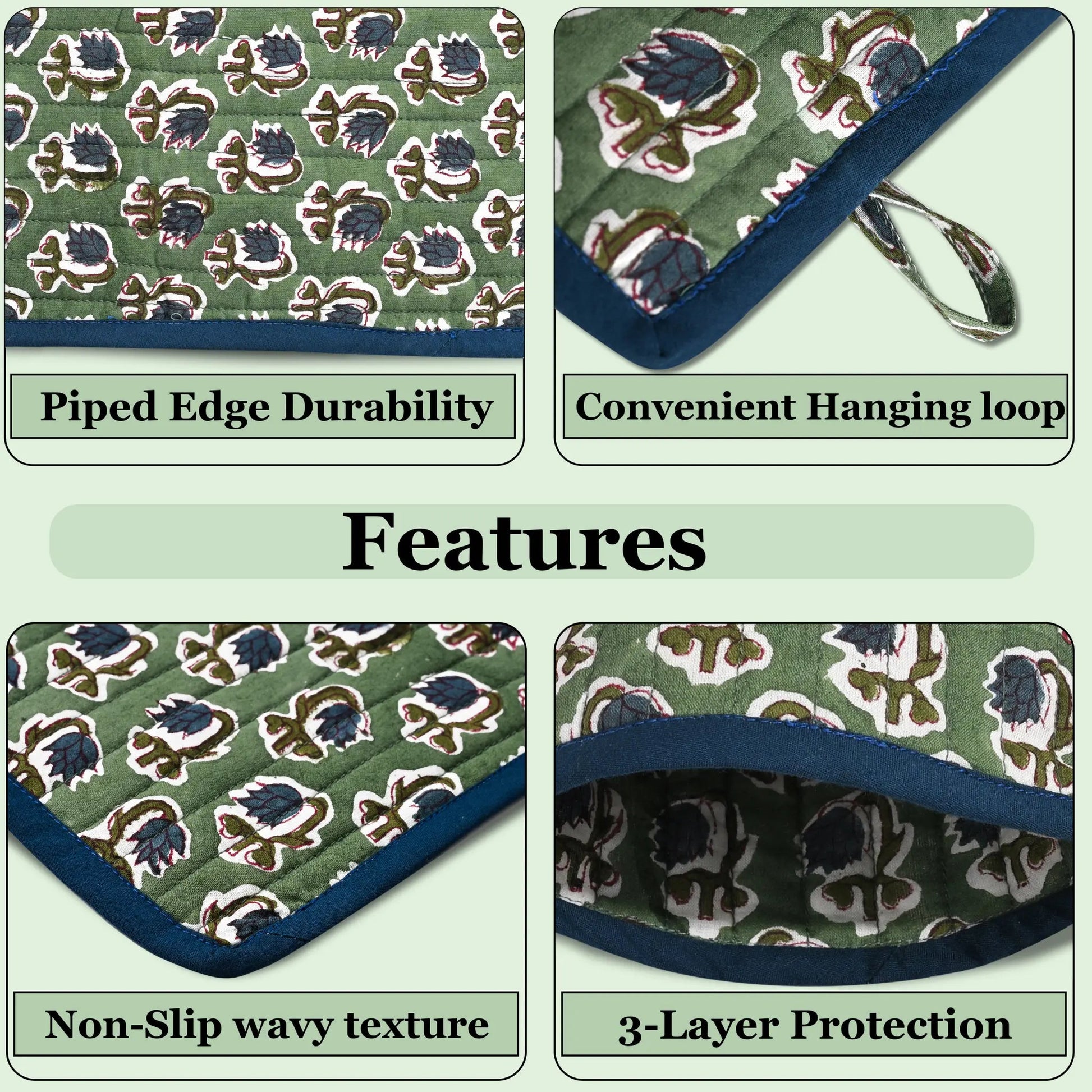 Product features with text labels on a green background