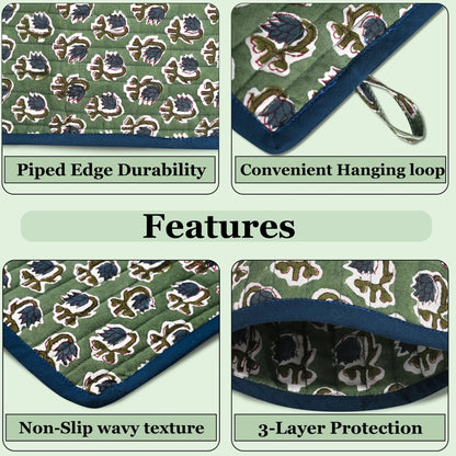 Product features with text labels on a green background
