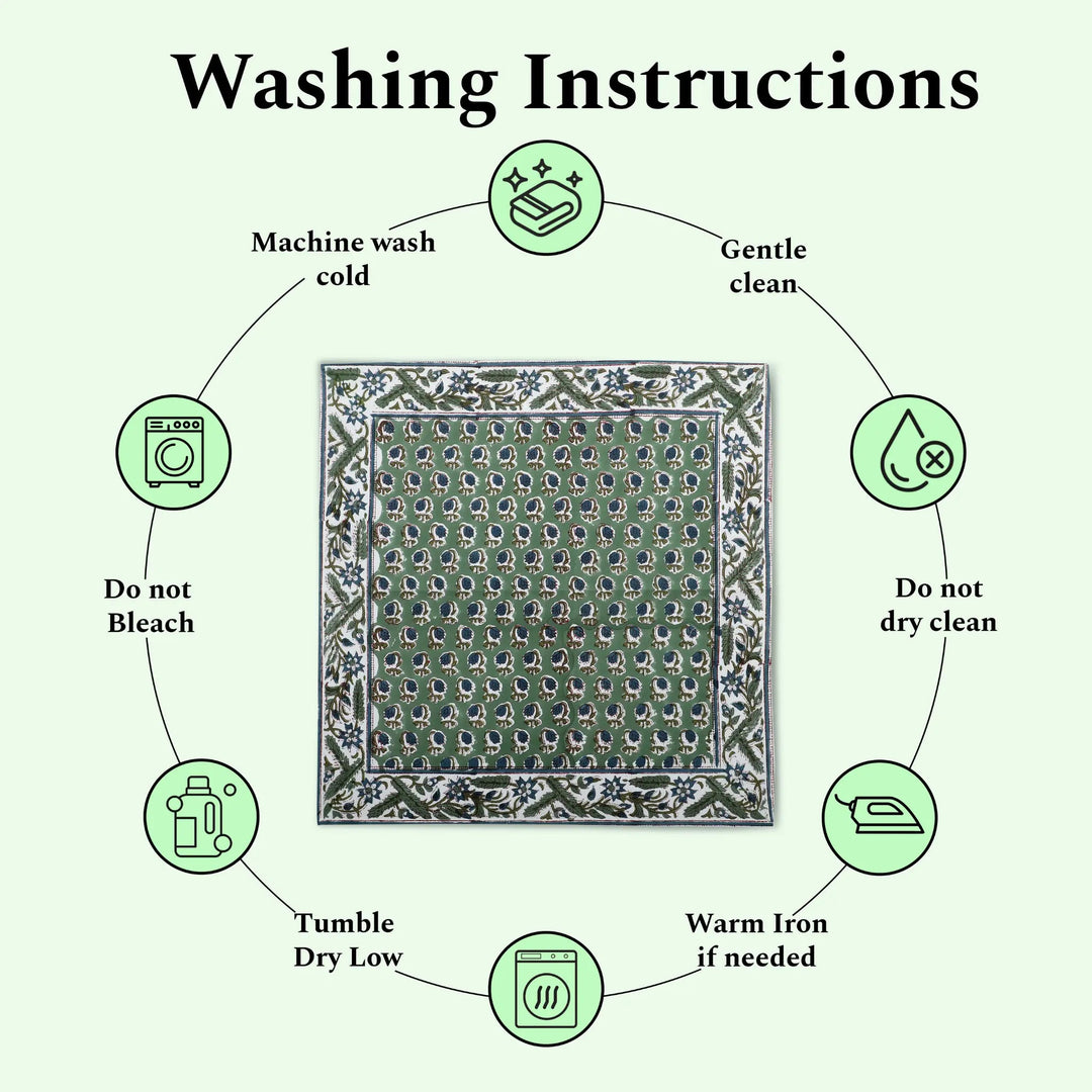 Washing instructions for a fabric product with icons and text on a white background