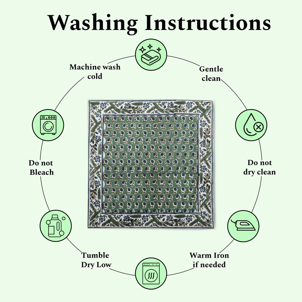 Washing instructions for a fabric product with icons and text on a white background