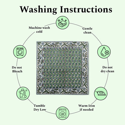 Washing instructions for a fabric product with icons and text on a white background