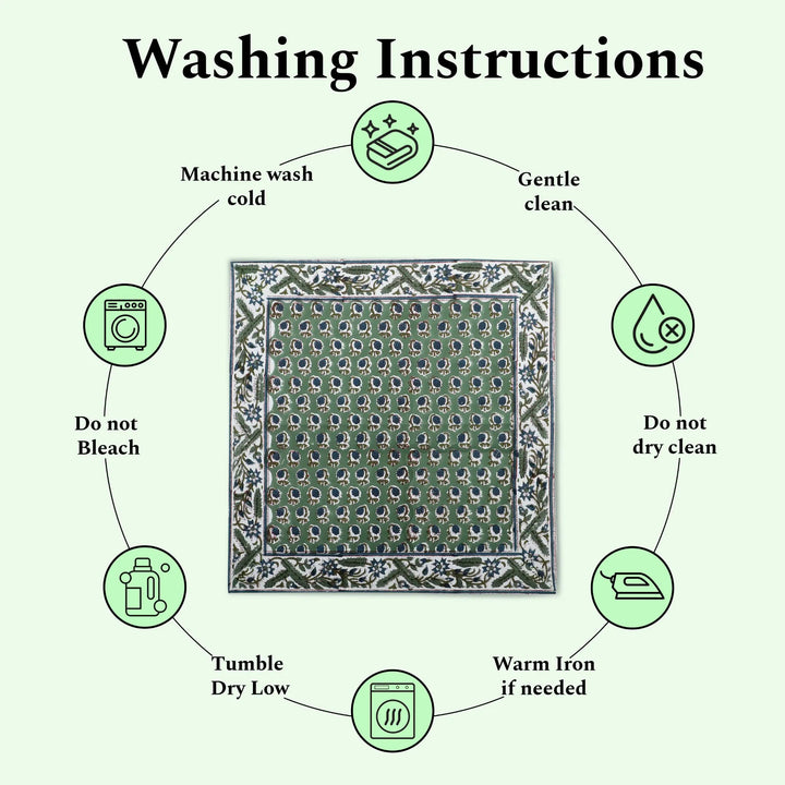 Washing instructions for a fabric product with icons and text on a white background