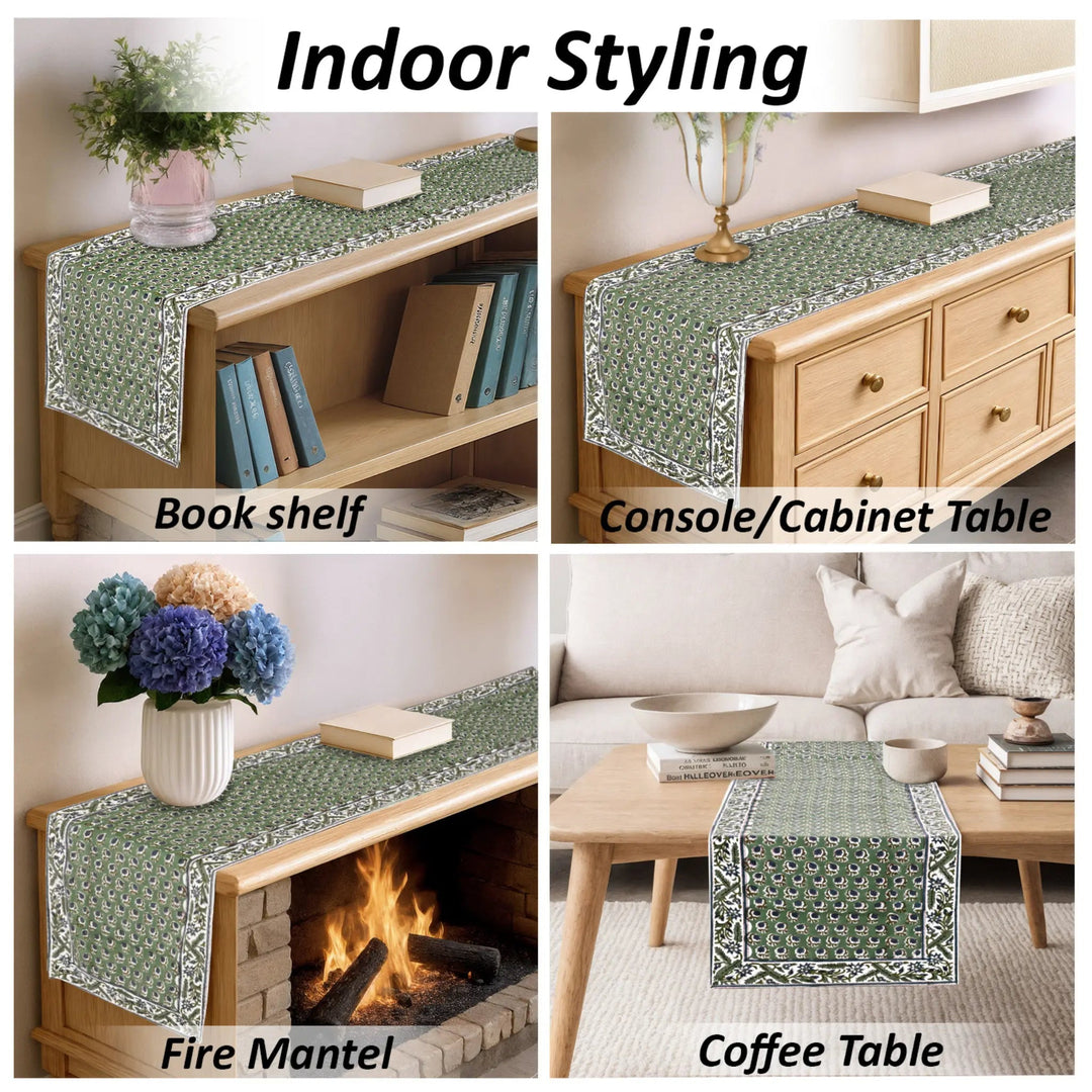 Green patterned table runner displayed on various furniture items with text &