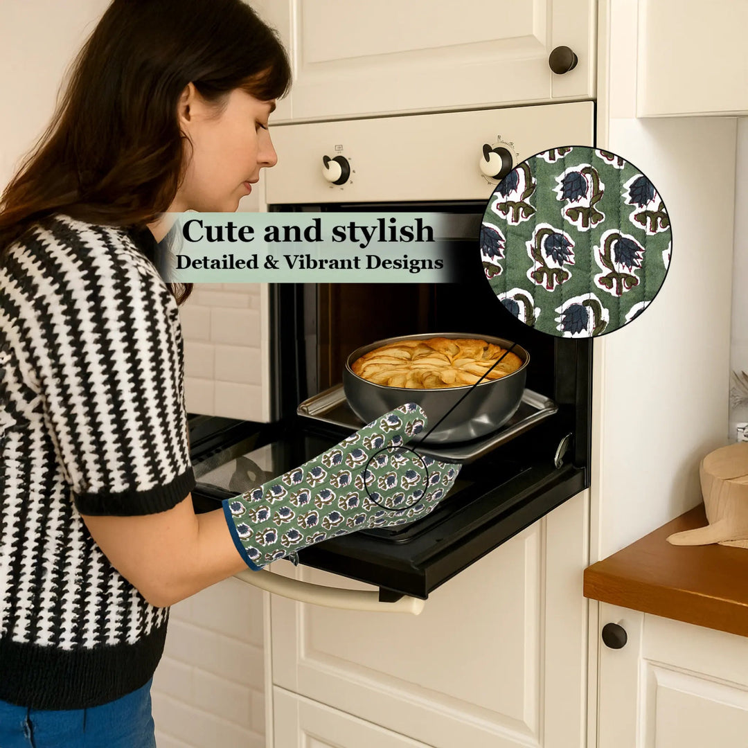 Woman in a kitchen wearing patterned oven mitts, with a close-up of the mitts&