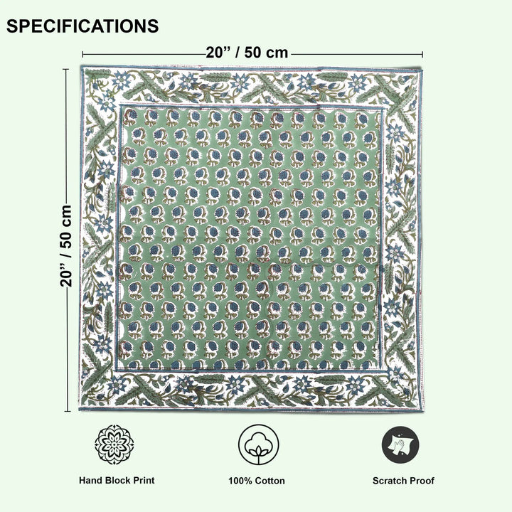 Patterned fabric square with dimensions and product features on a white background