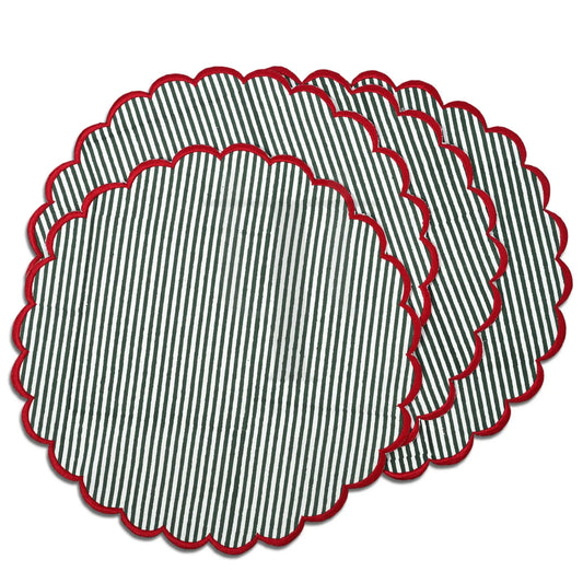 Set of round placemats with black and white striped pattern and red scalloped edge on a white background