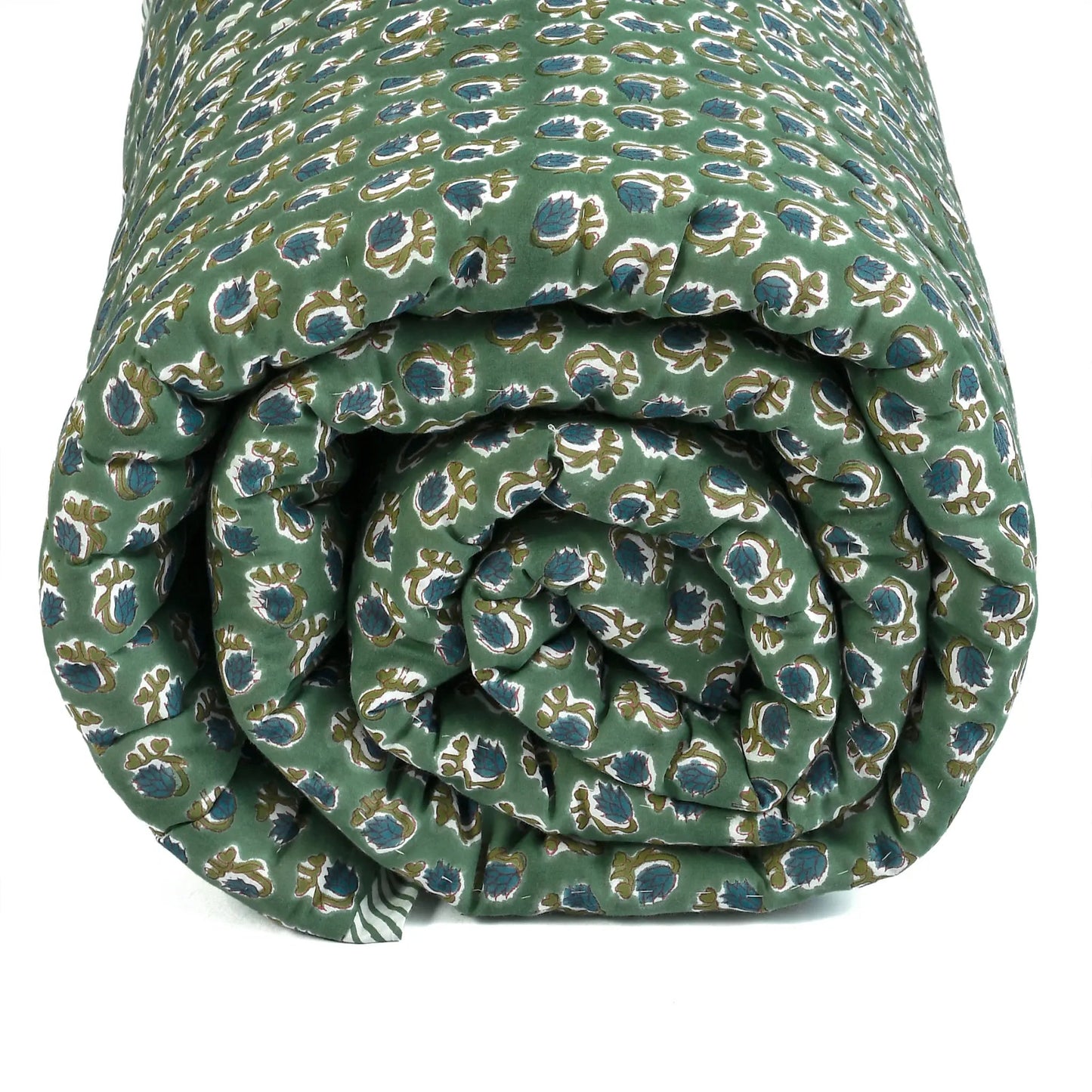 Rolled-up green fabric with a pattern on a white background