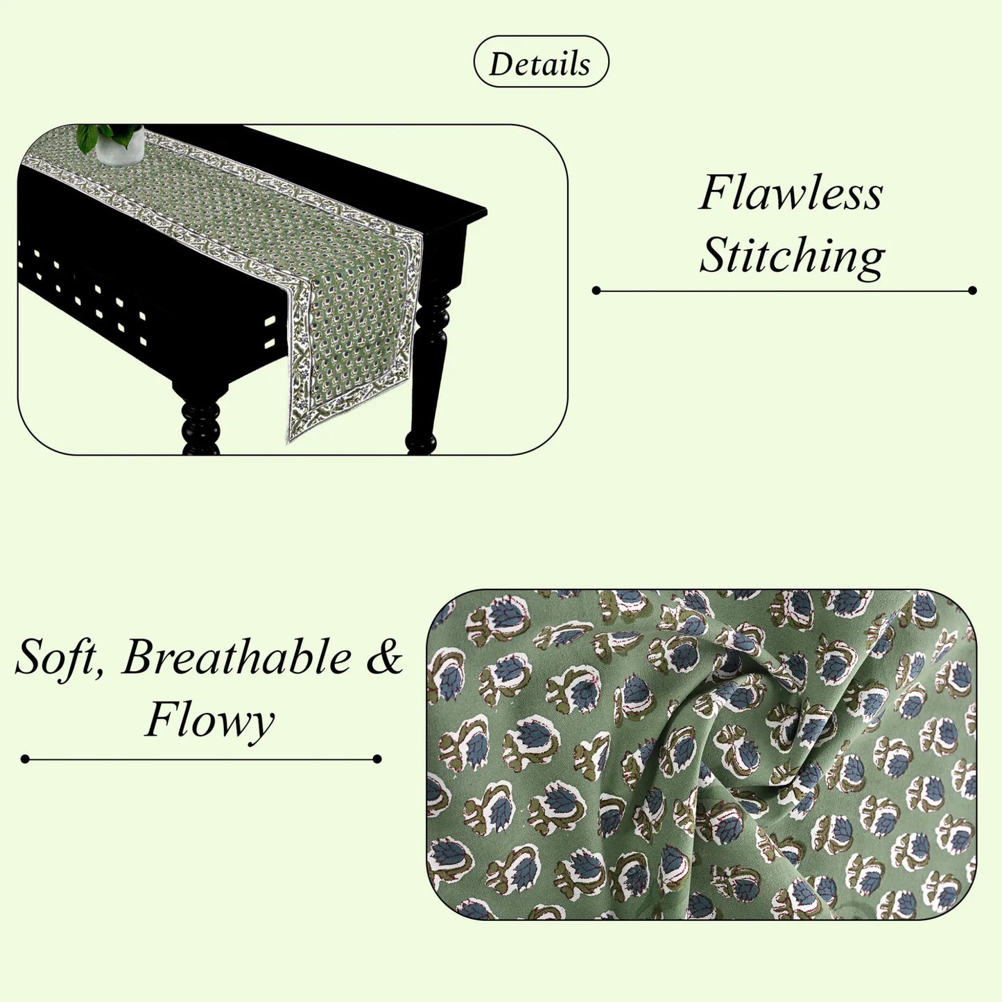 Table runner with floral pattern and text highlighting features on a light green background