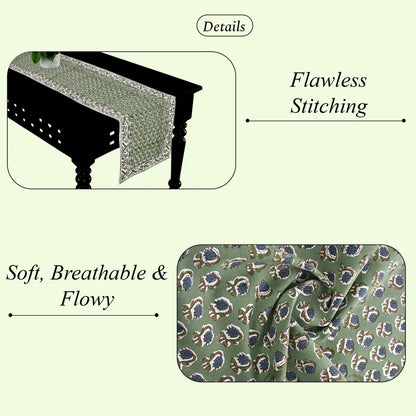 Table runner with floral pattern and text highlighting features on a light green background
