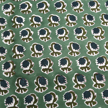 Patterned fabric with blue and green design on a green background