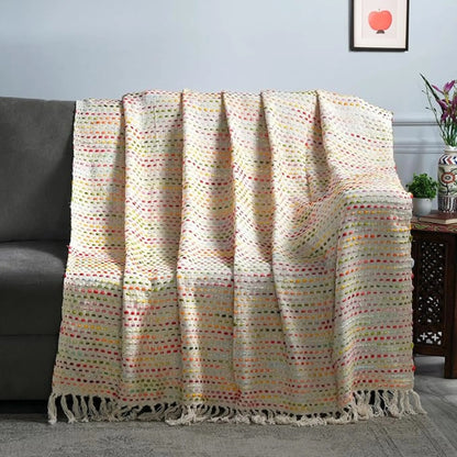 Textured blanket draped over a sofa in a living room setting