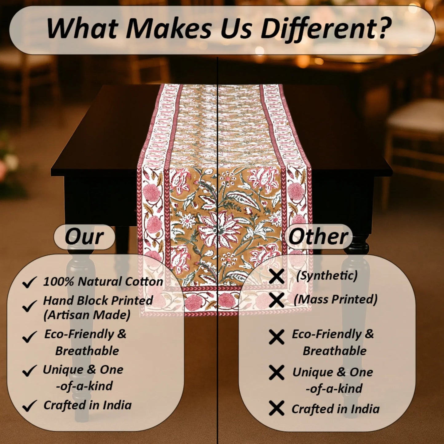 Table runner with floral design on a table, comparing 'Our' product to 'Other' products.