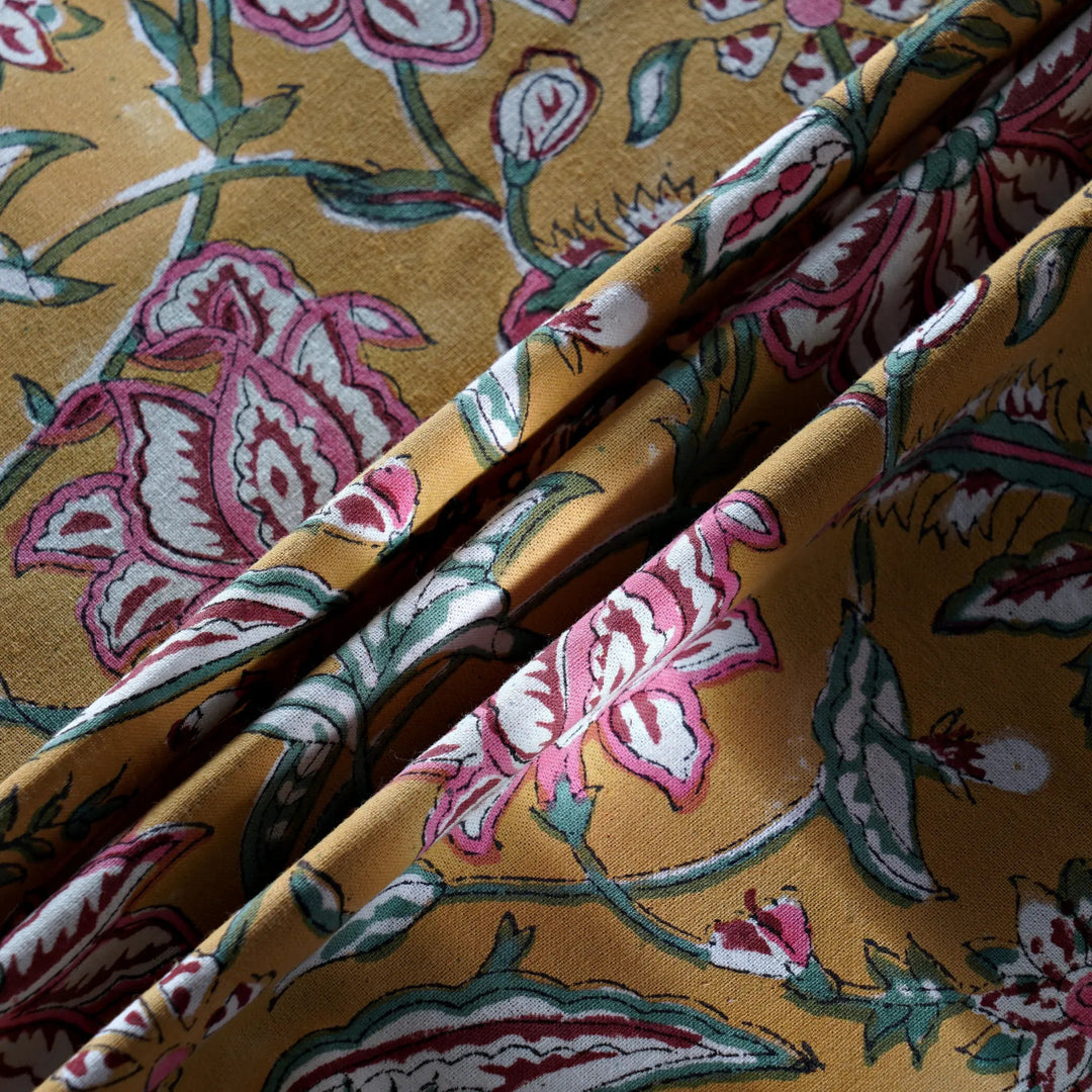 Close-up of floral fabric with pink and green details on a yellow background