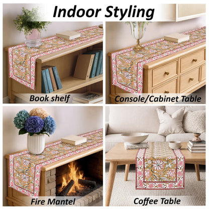 Decorative table runner shown on various furniture pieces with text 'Indoor Styling'.