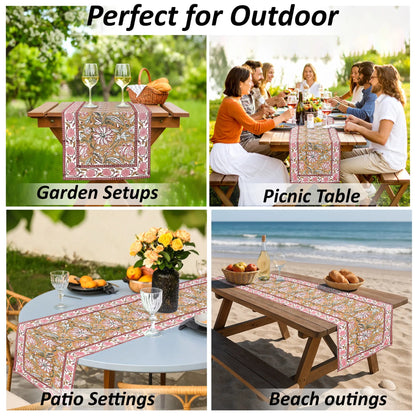 Table runner with floral design used in various outdoor settings including garden, picnic, patio, and beach.