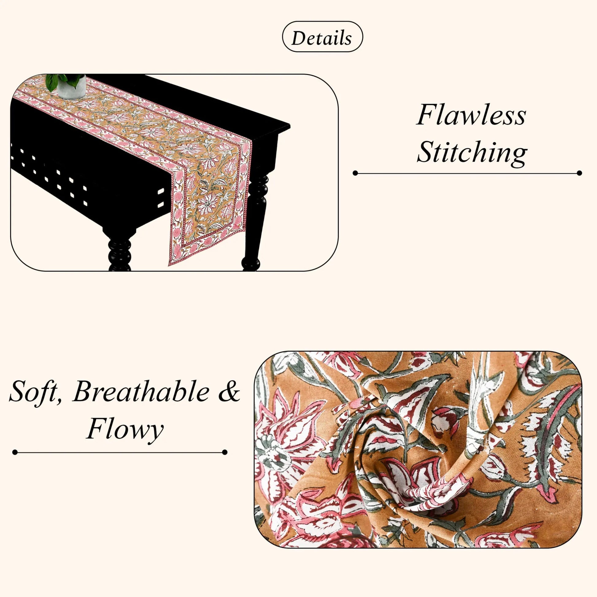 Table runner with floral pattern on a table, highlighting 'Flawless Stitching' and 'Soft, Breathable & Flowy' qualities.