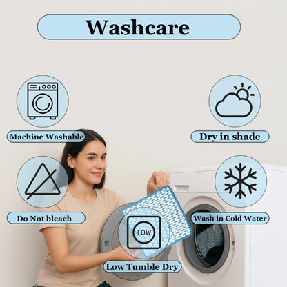 Woman holding a fabric with washing care symbols around her, including machine washable, dry in shade, do not bleach, wash in cold water, low tumble dry.