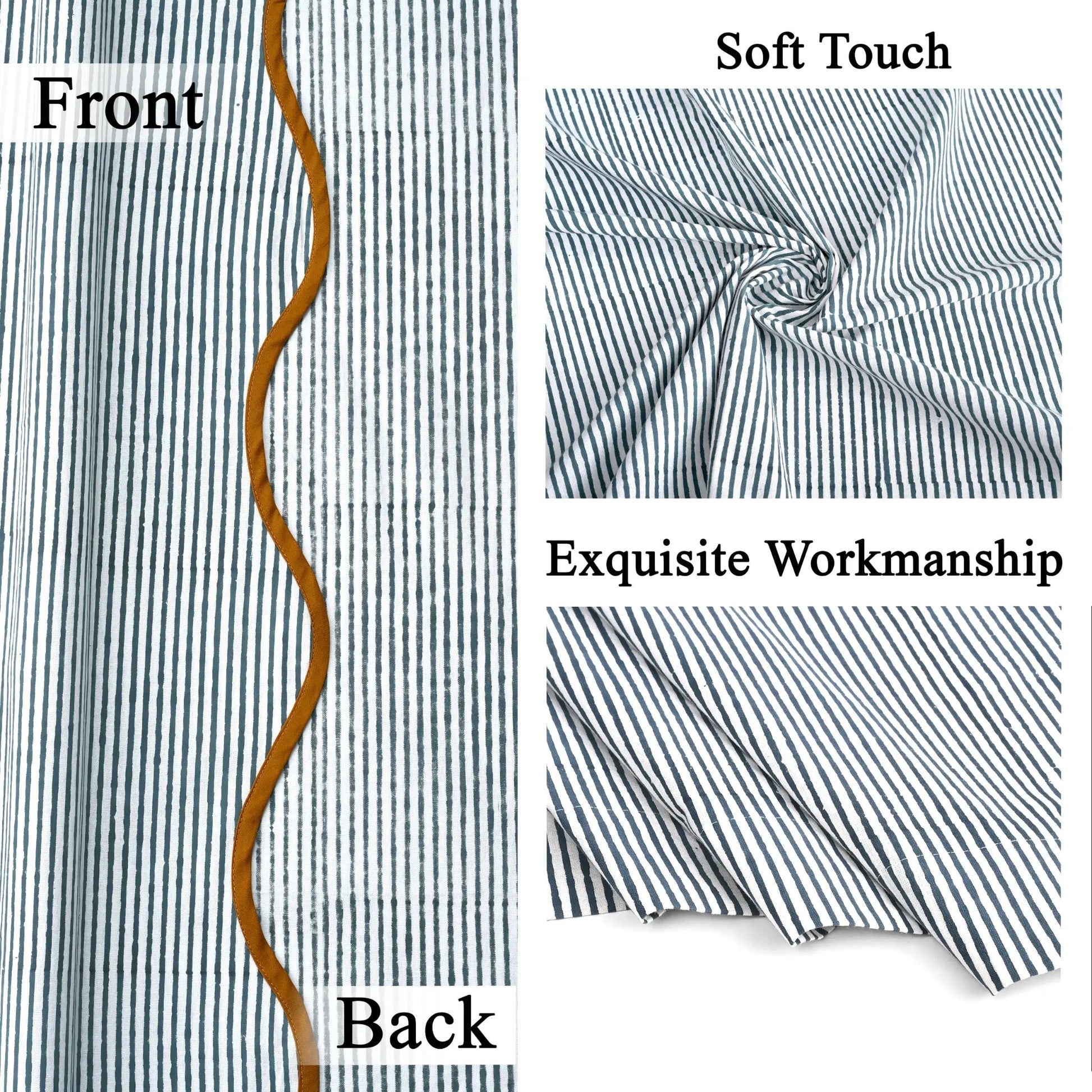 Fabric swatch showing front and back with text 'Soft Touch' and 'Exquisite Workmanship'.