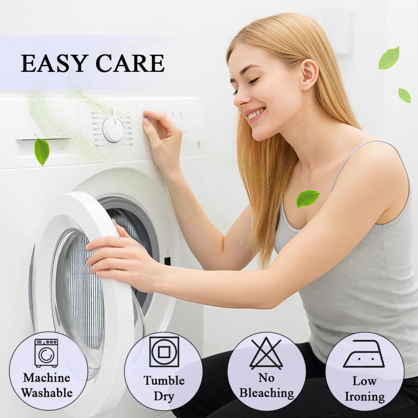 Woman interacting with a washing machine with 'Easy Care' text and icons.
