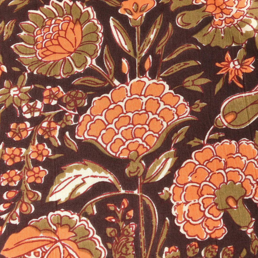 Close-up of a floral pattern with orange and green flowers on a dark background