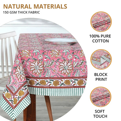 Floral patterned tablecloth on a table with text highlighting material properties.