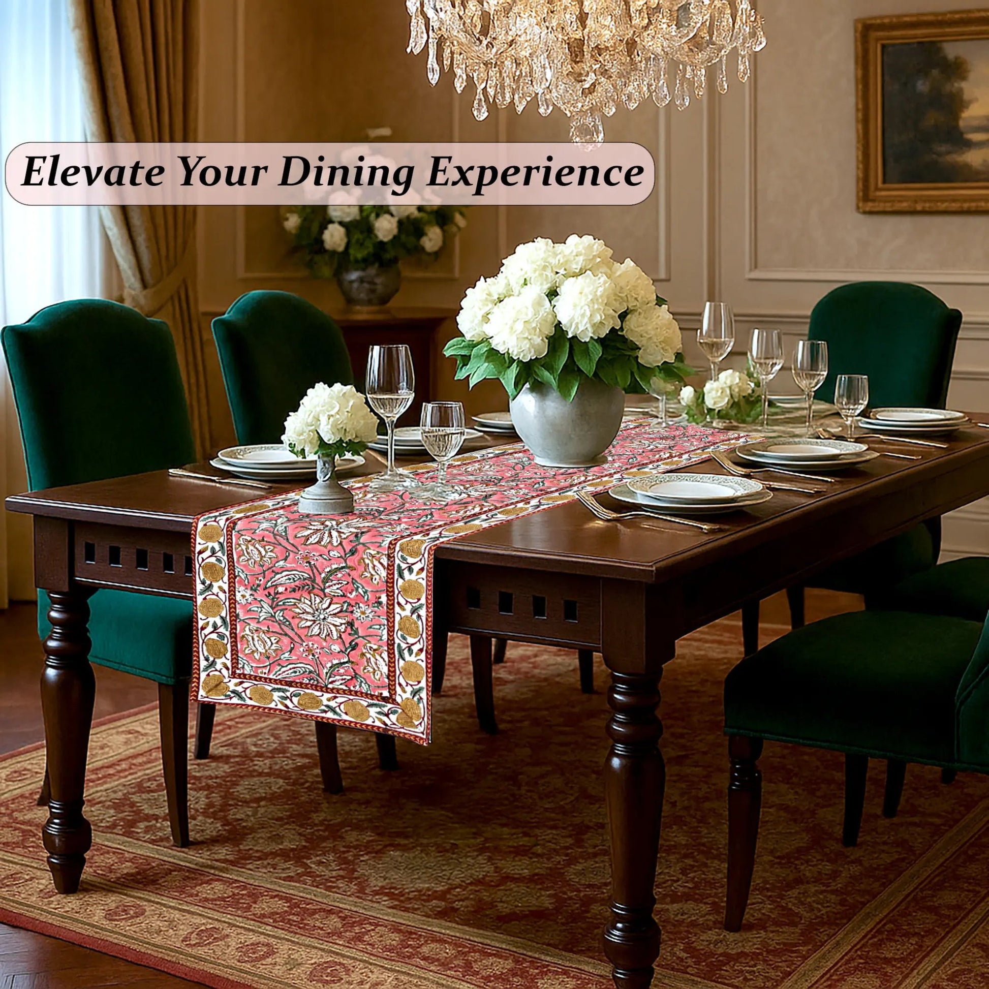 Dining room with a table set for dinner, flowers, and a chandelier.