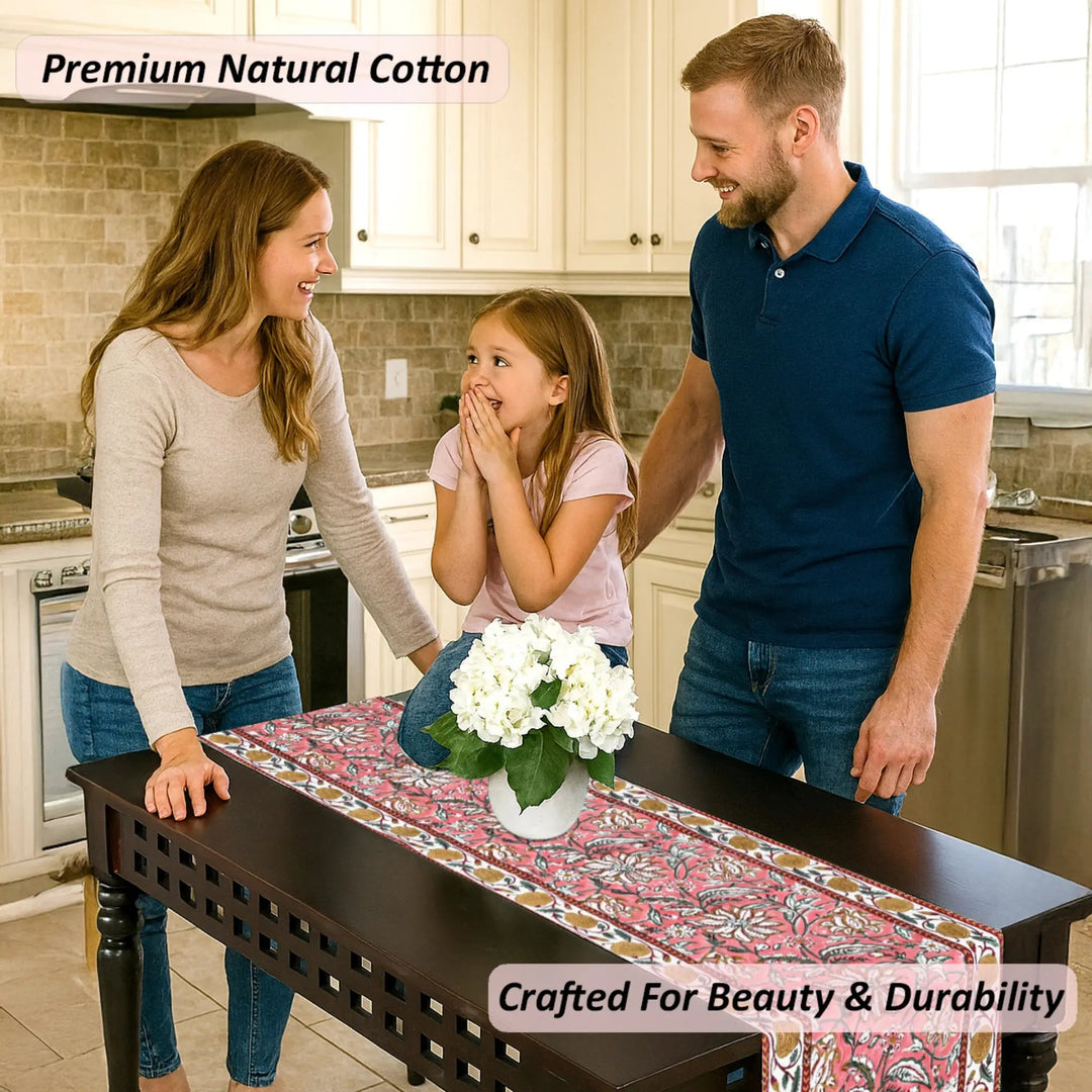 Family in a kitchen with a decorative table runner, emphasizing premium natural cotton and beauty &amp; durability.