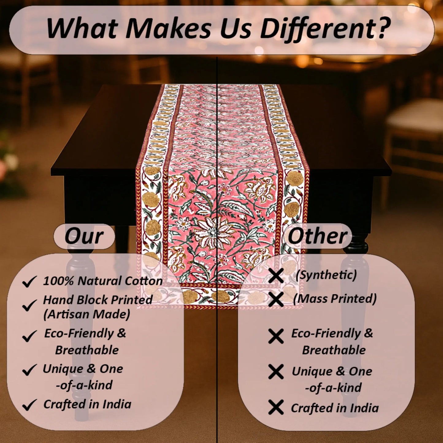 Table runner with text comparing natural cotton and synthetic materials
