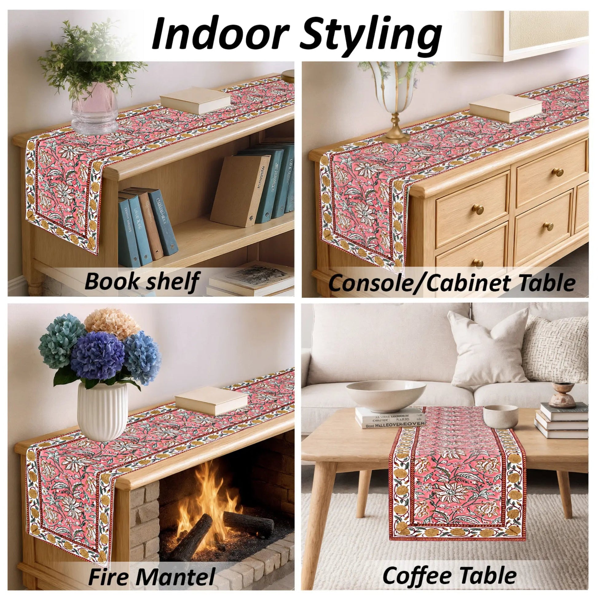 Table runner used on a bookshelf, console table, fire mantel, and coffee table with decorative elements.