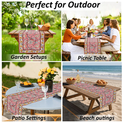 Collage of outdoor settings with a pink floral table runner, including garden, picnic, patio, and beach scenes.