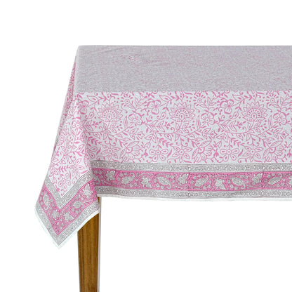 Tablecloth with pink floral pattern on a white background