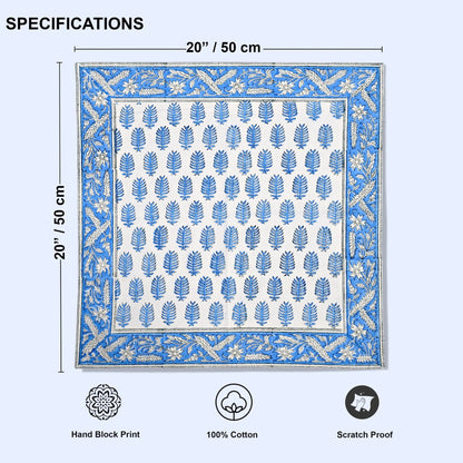 Blue and white patterned fabric with dimensions and certification icons on a white background