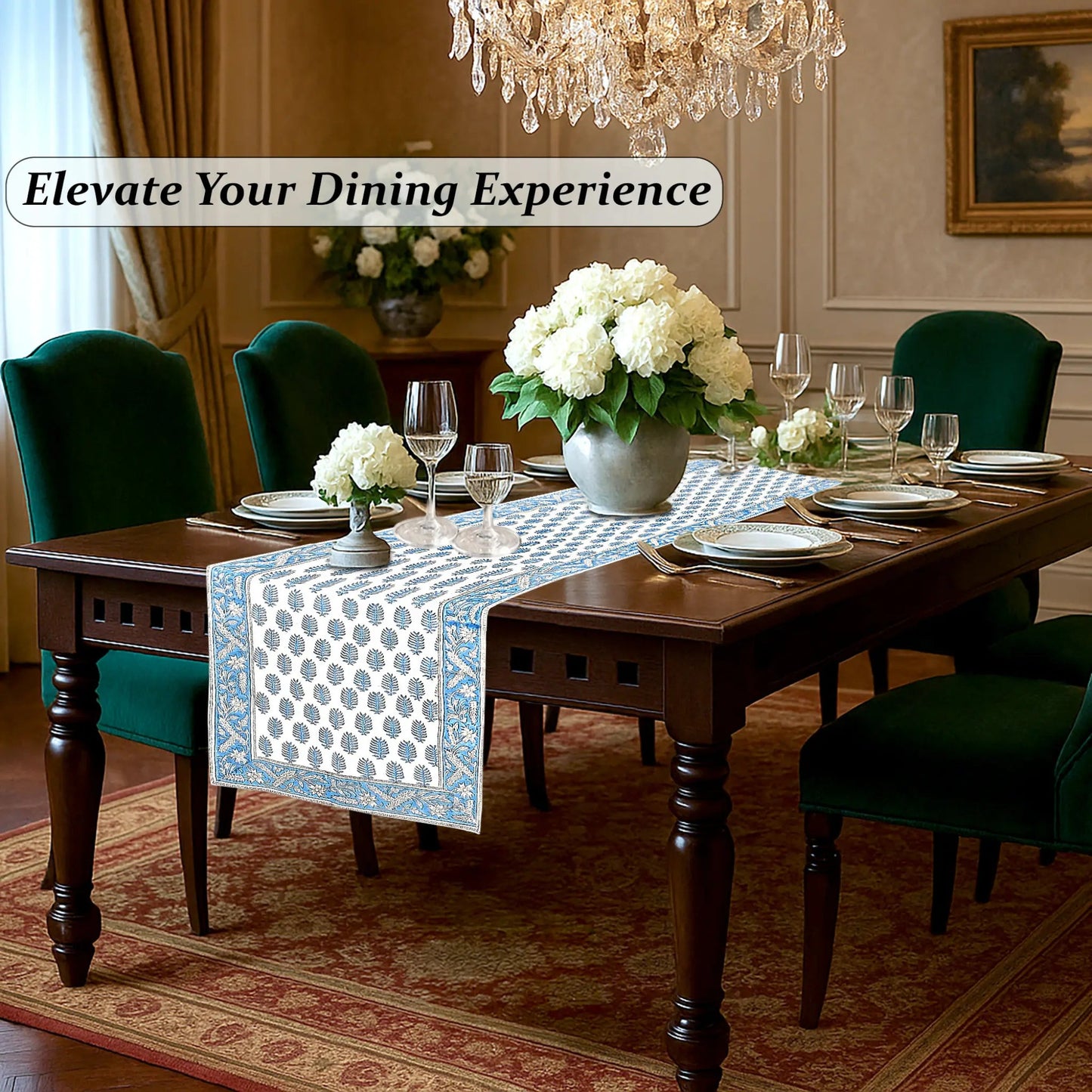 Dining room with a table set for dinner, flowers, and a chandelier.