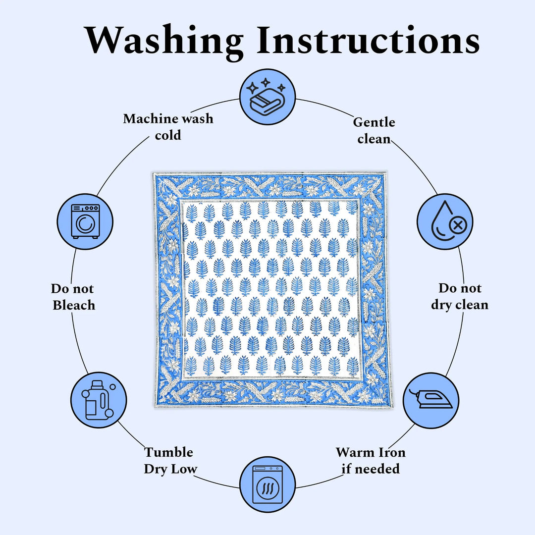 Washing instructions for a fabric product with icons and text on a white background