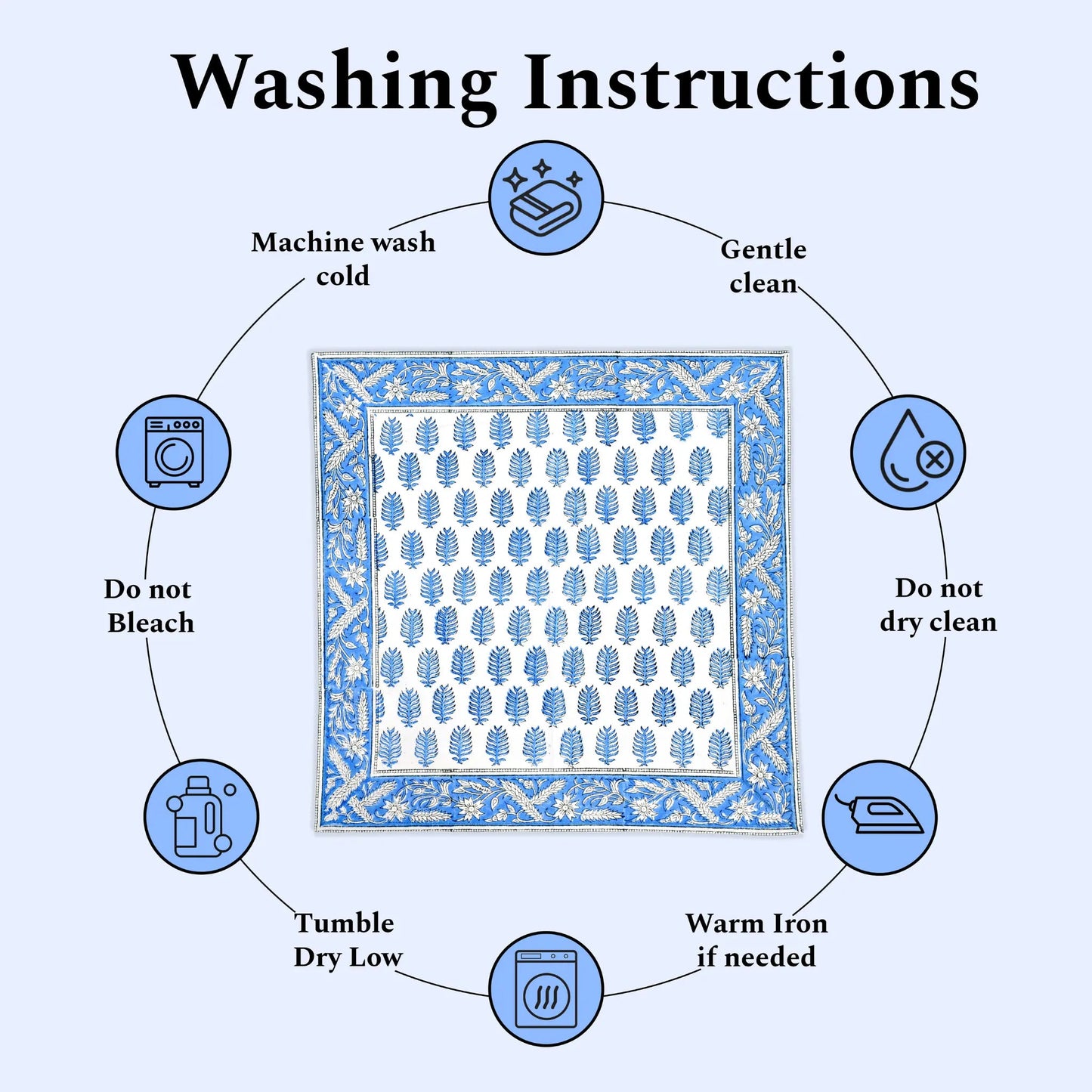 Washing instructions for a fabric product with icons and text on a white background