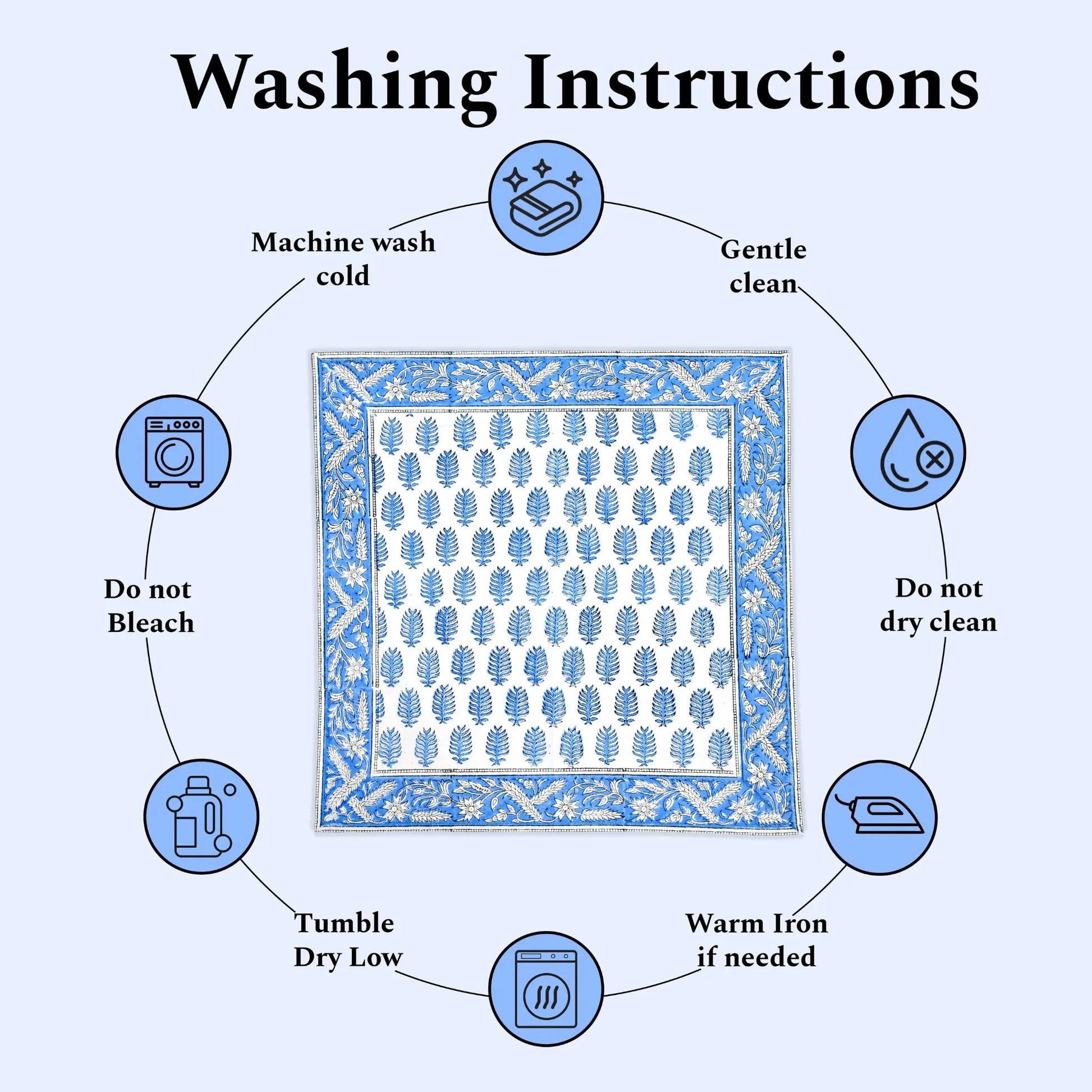 Washing instructions for a fabric product with icons and text on a white background