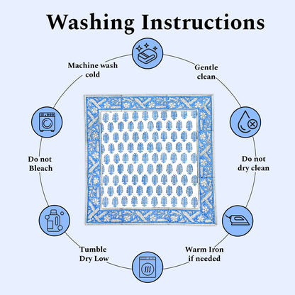Washing instructions for a fabric product with icons and text on a white background