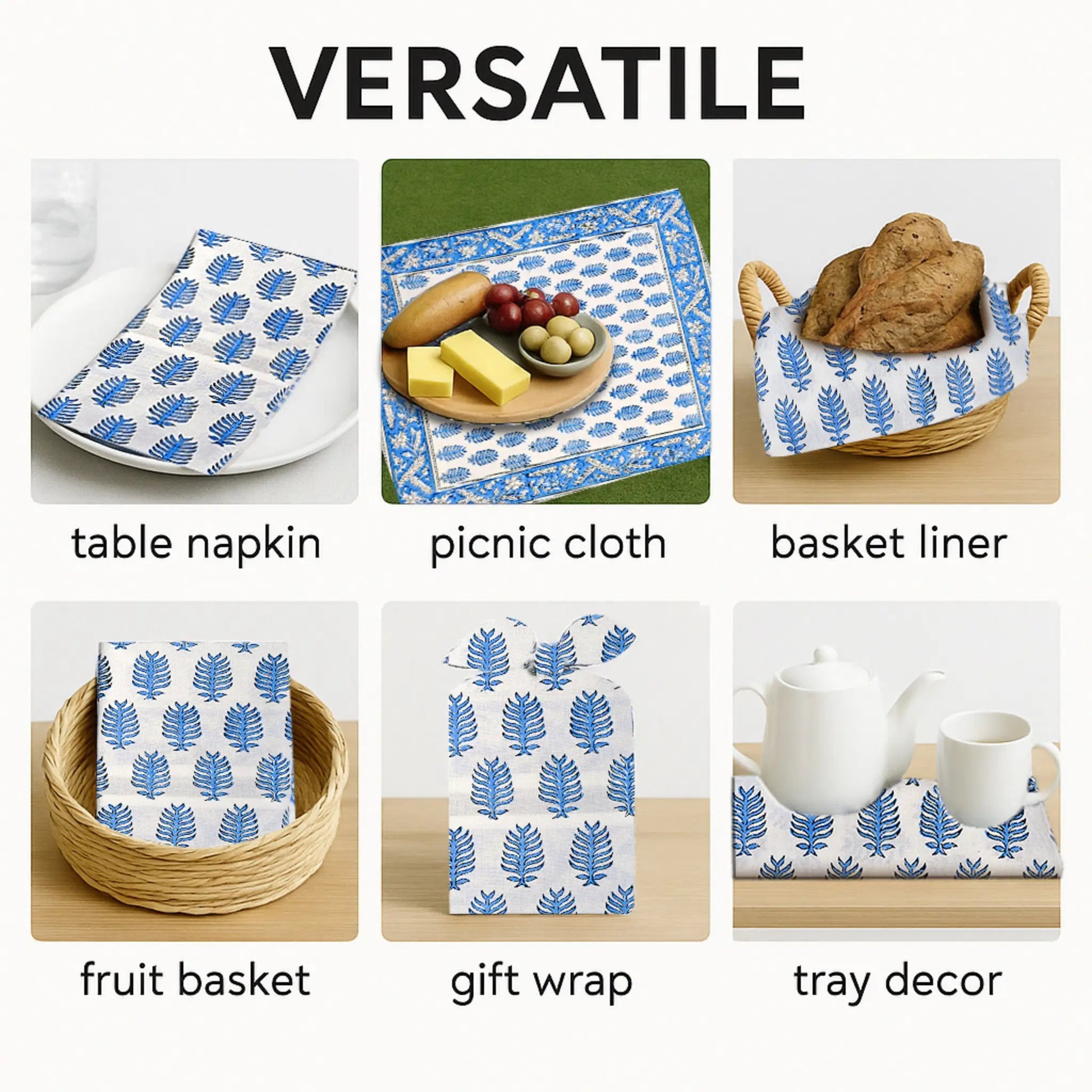 Versatile use of blue and white patterned table napkins, picnic cloth, basket liner, fruit basket, gift wrap, and tray decor.