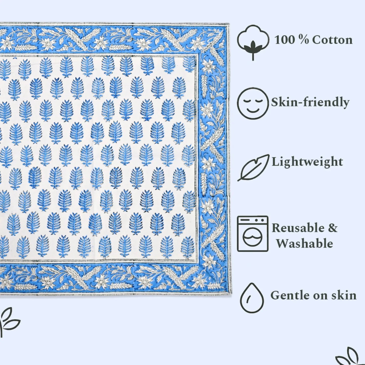 Cotton fabric with blue and white pattern and product features listed on the right.