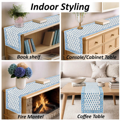 Collage of a blue and white patterned table runner used on various furniture pieces.