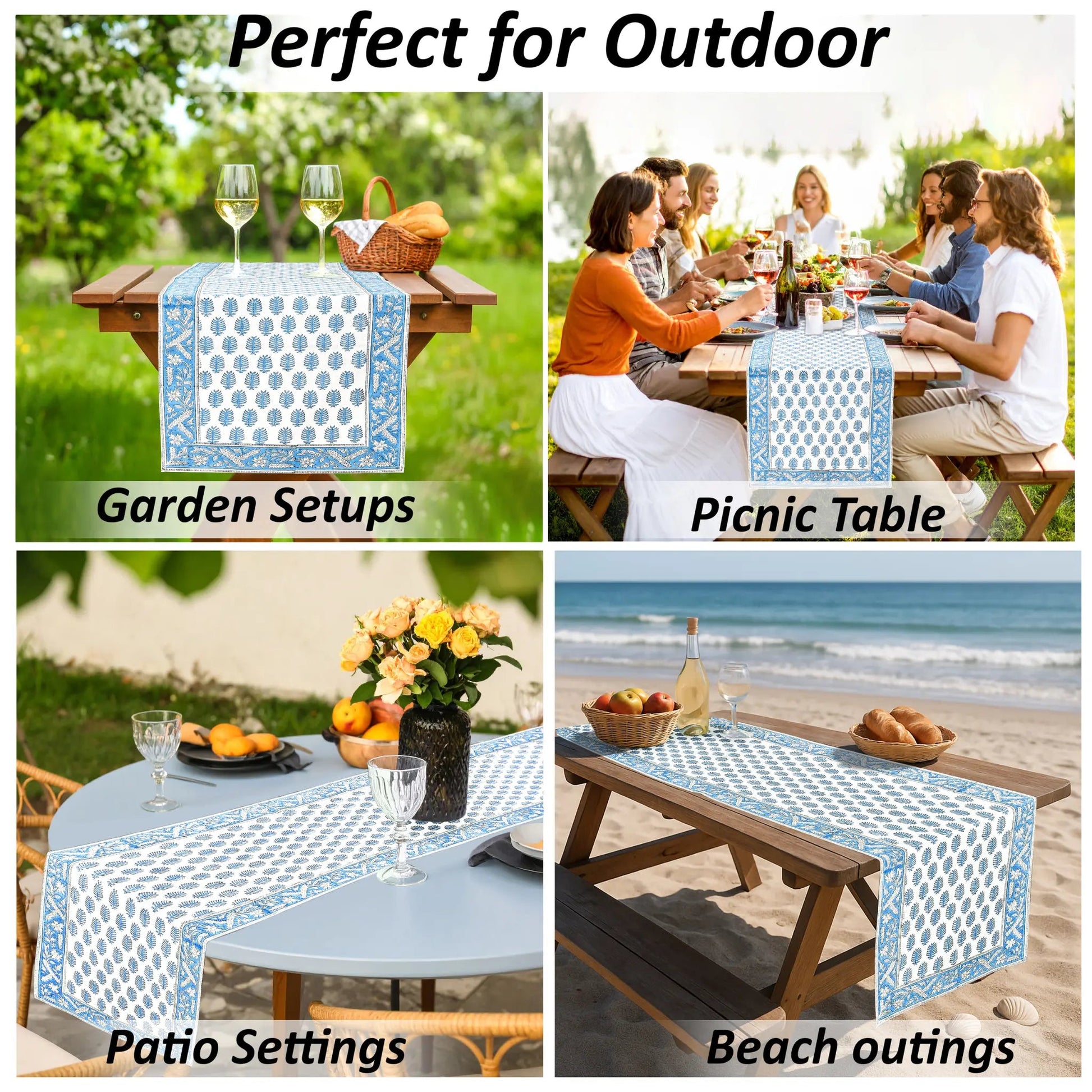 Table runner with blue geometric pattern used in various outdoor settings including garden, picnic, patio, and beach.