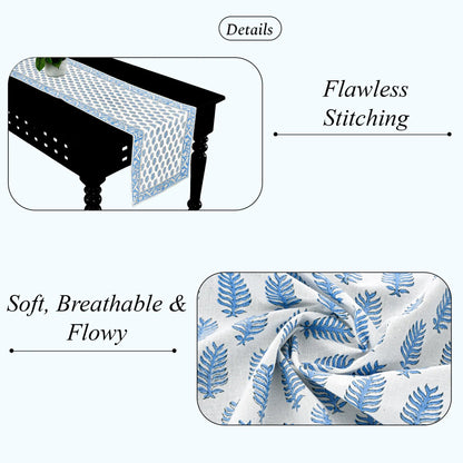 Table runner with leaf pattern on a white background, highlighting 'Flawless Stitching' and 'Soft, Breathable & Flowy' qualities.