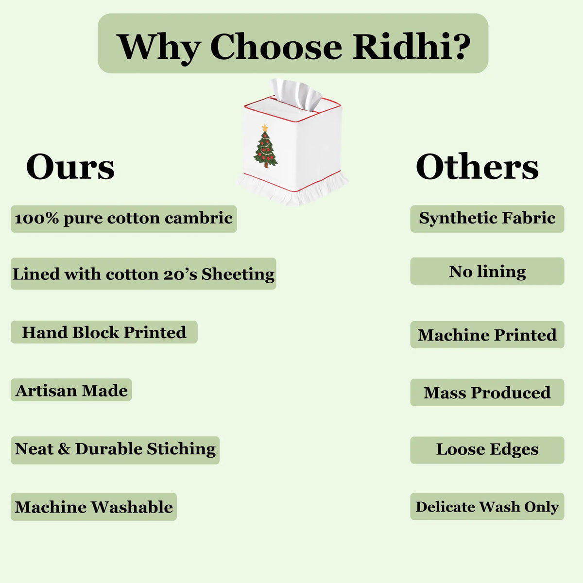Comparison chart highlighting features of 'Ours' and 'Others' products on a light green background.