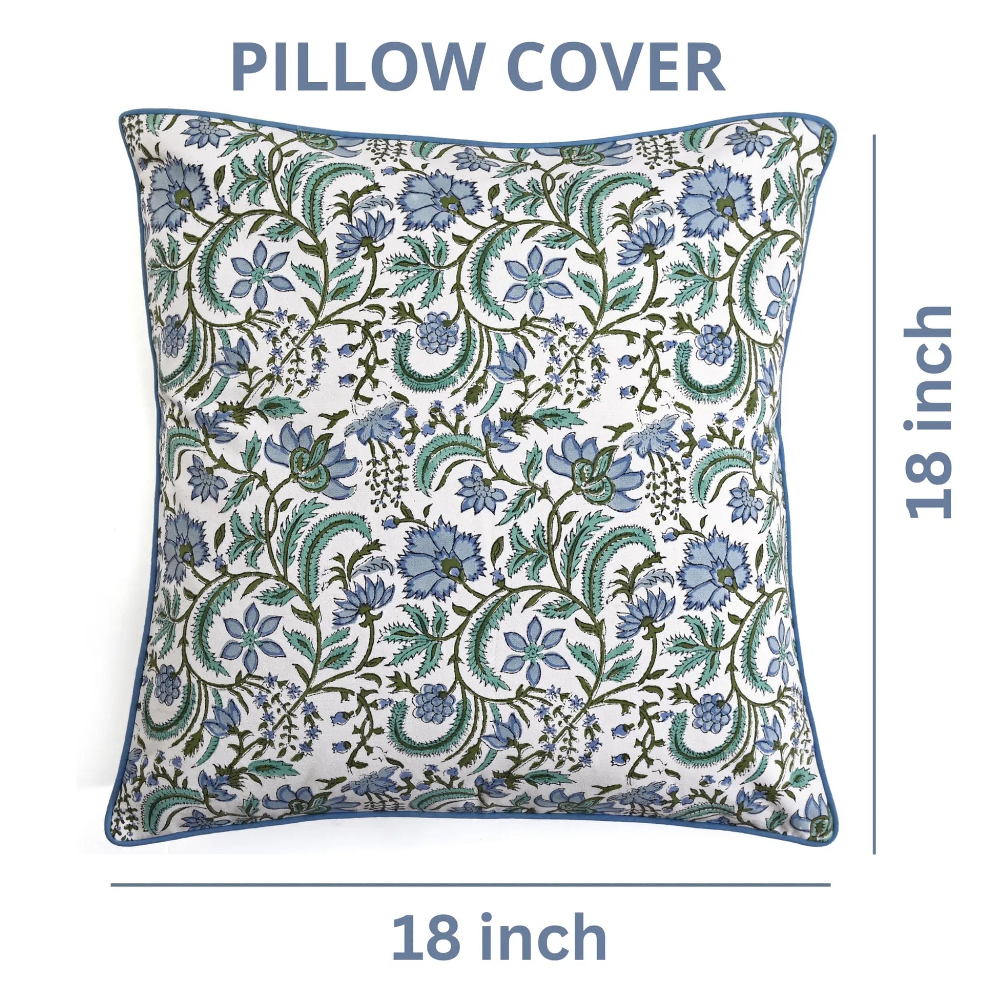 Floral patterned pillow cover with dimensions on a white background
