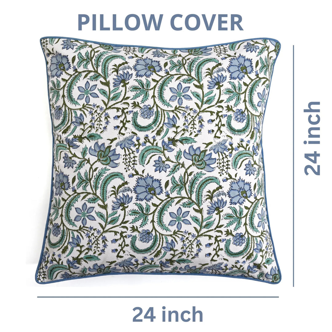 Floral patterned pillow cover with dimensions on a white background
