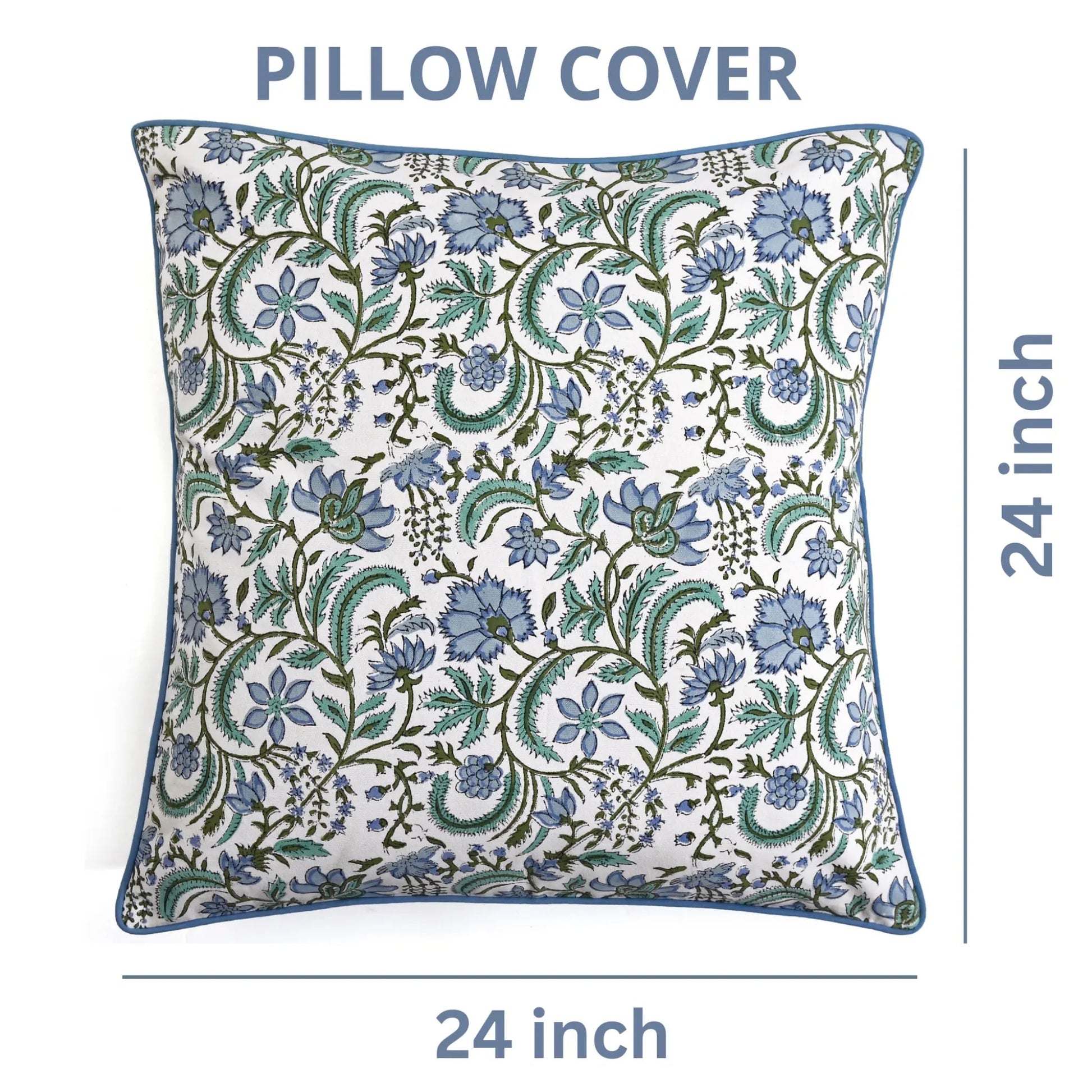 Floral patterned pillow cover with dimensions on a white background