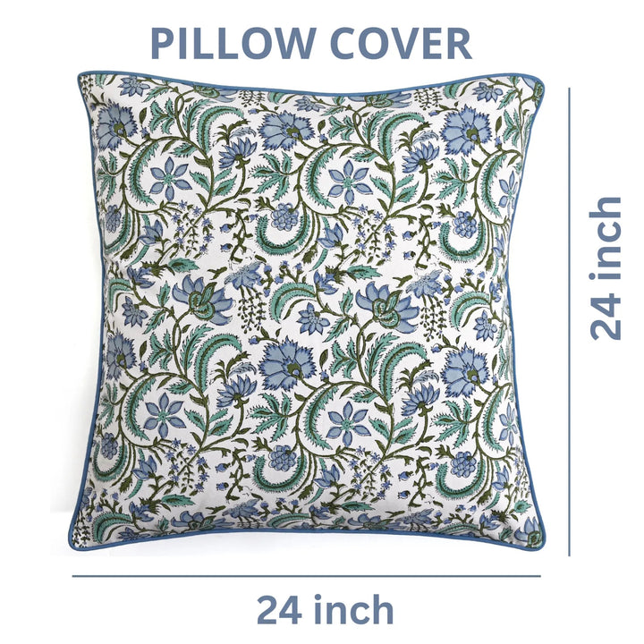 Floral patterned pillow cover with dimensions on a white background