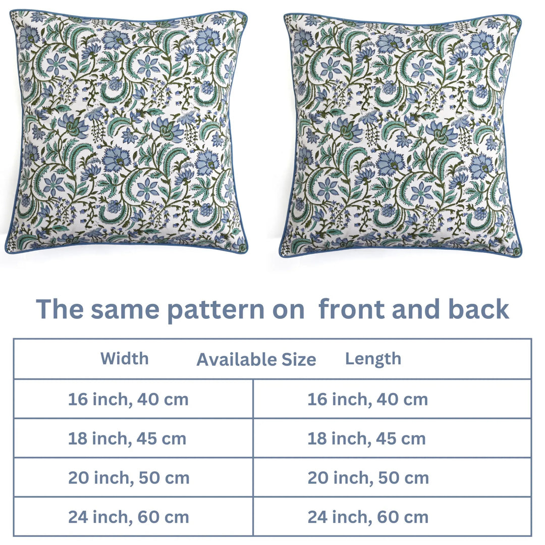 Floral patterned pillow with size chart on a white background