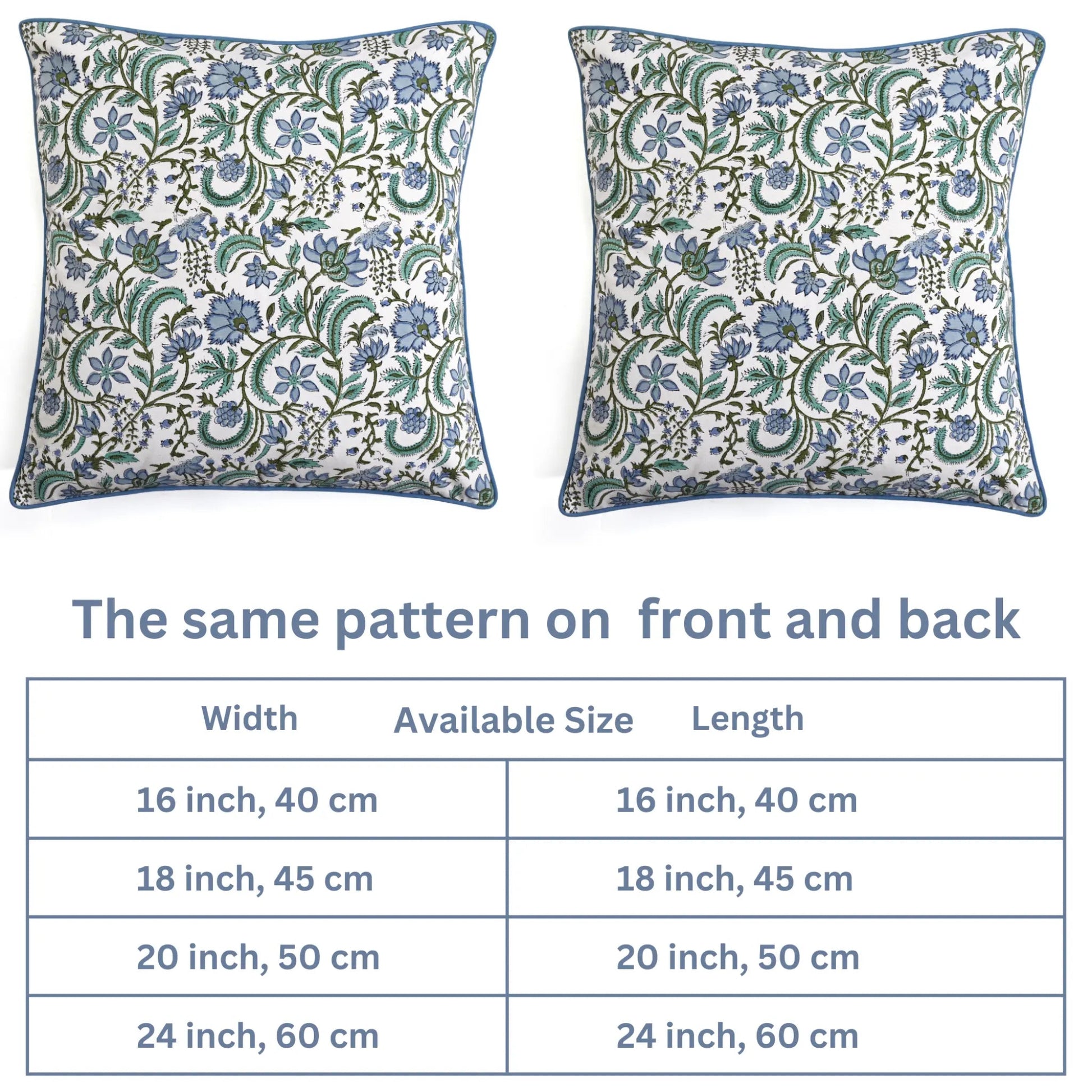 Floral patterned pillow with size chart on a white background