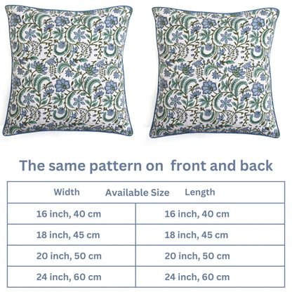 Floral patterned pillow with size chart on a white background